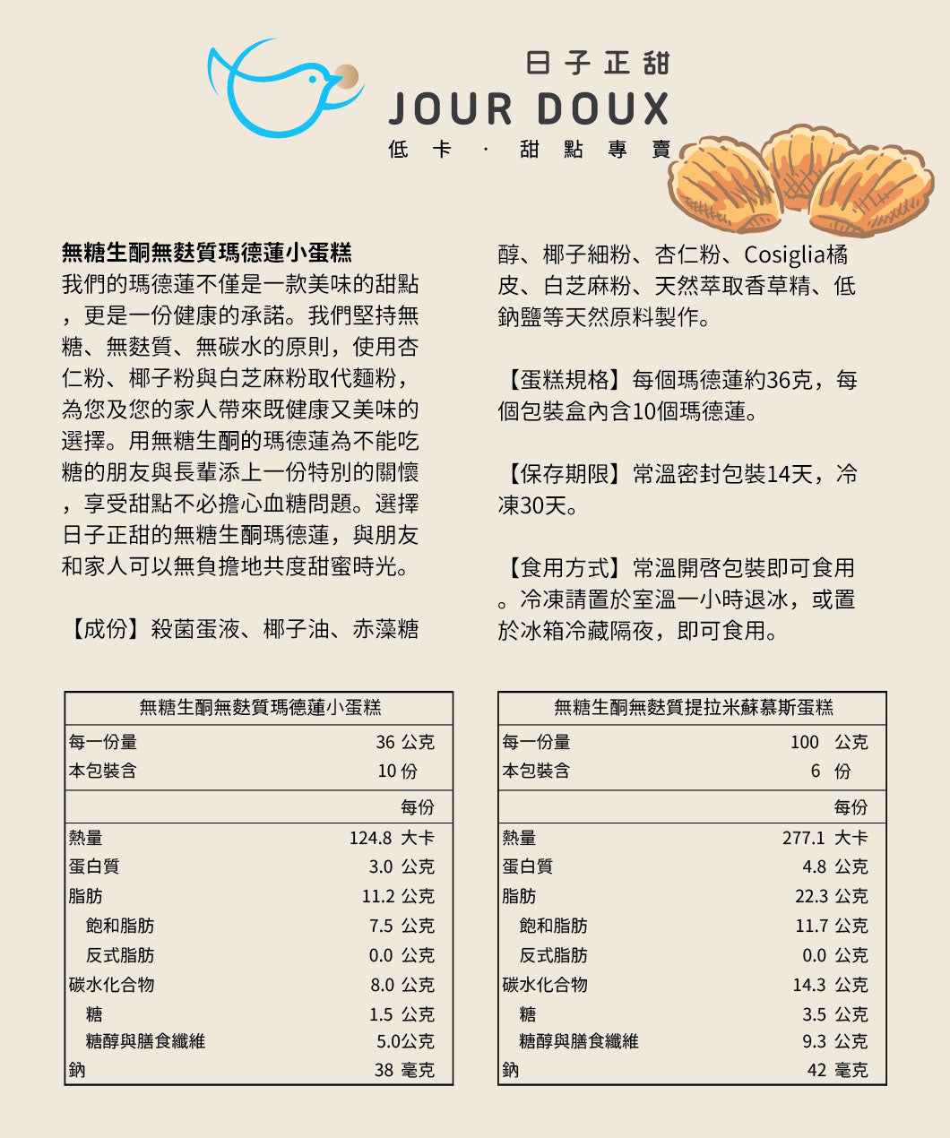 【無添加糖】【生酮】【無麩質】【不含乳製品】瑪德蓮小蛋糕